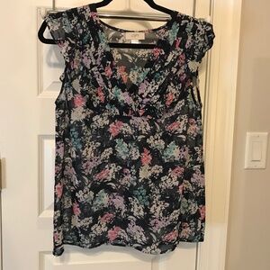 LOFT transparent floral blouse, pleated vneck neckline, ruffled cap sleeves (S)